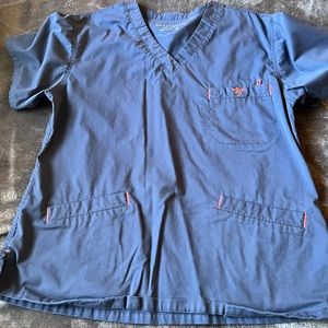 Med Couture Blue Scrub Top with Pink Accents